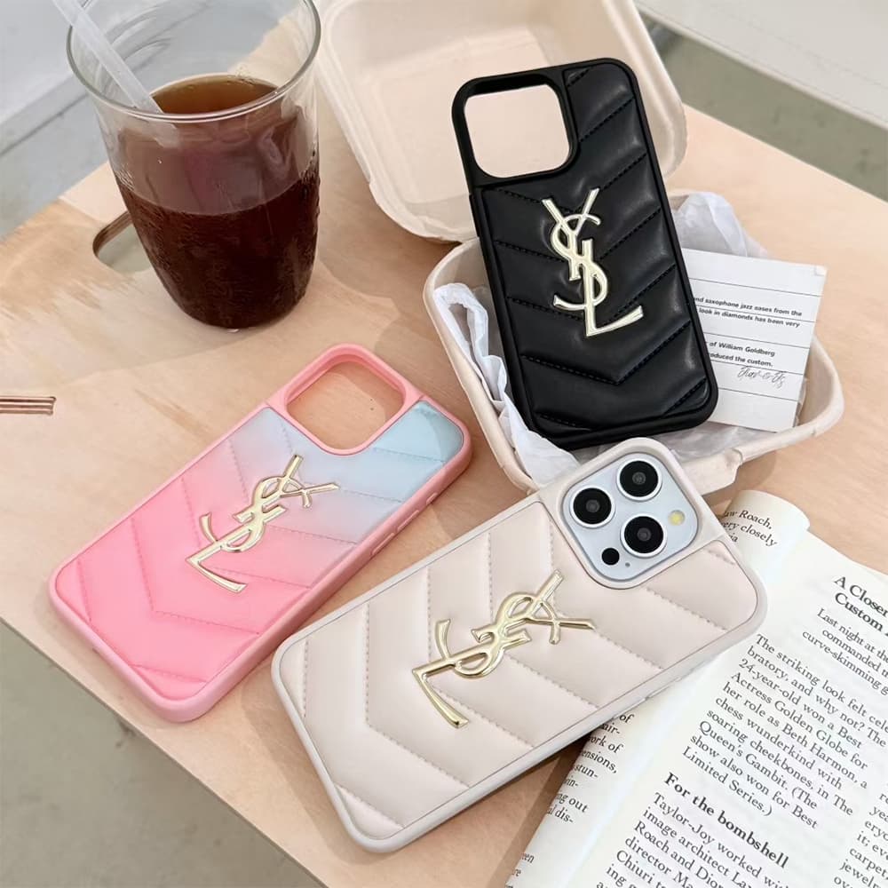 YSL Quilted Pattern iPhone Case with Gold Logo (3 Colors)