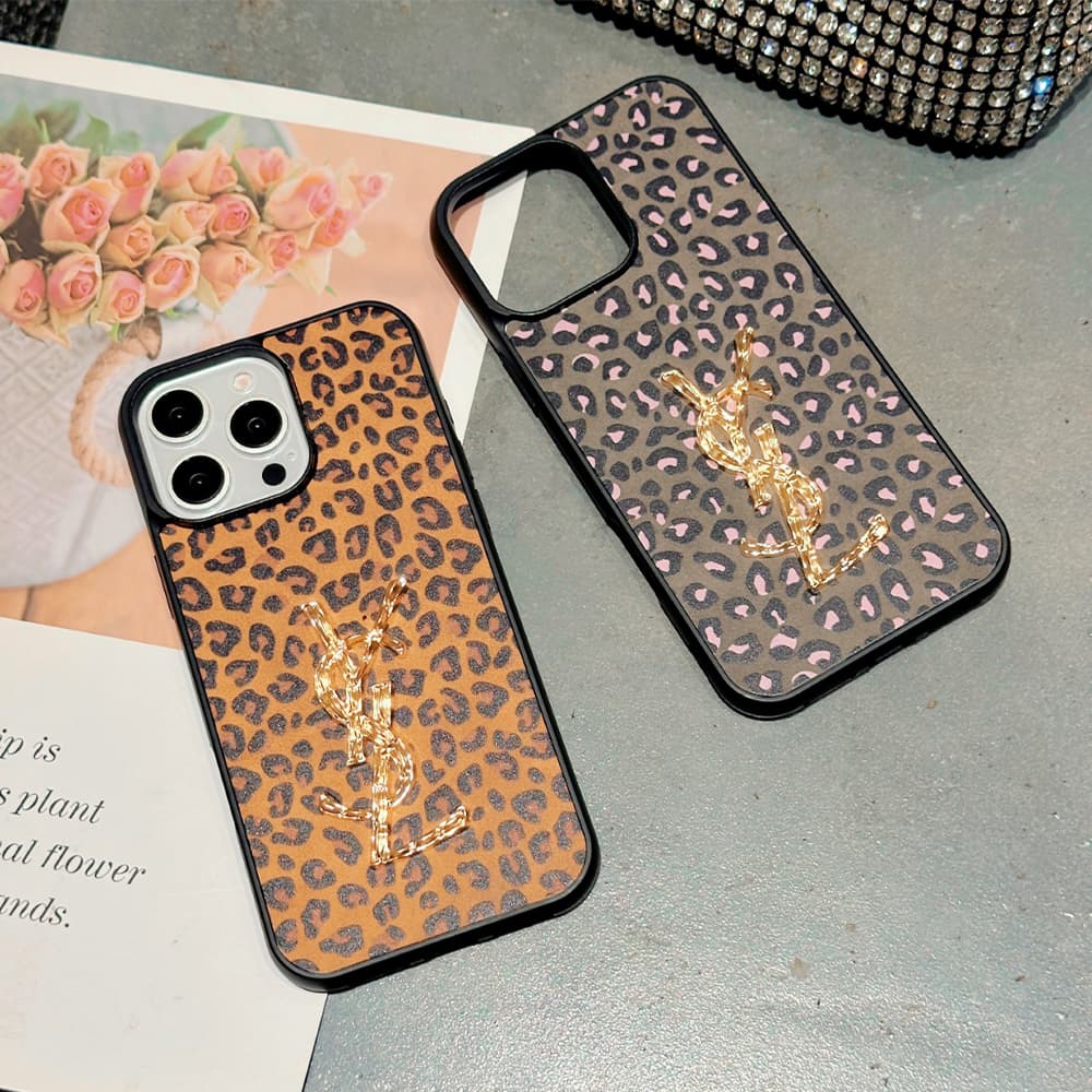 YSL Leopard Print iPhone Case with Gold Logo (2 Styles)