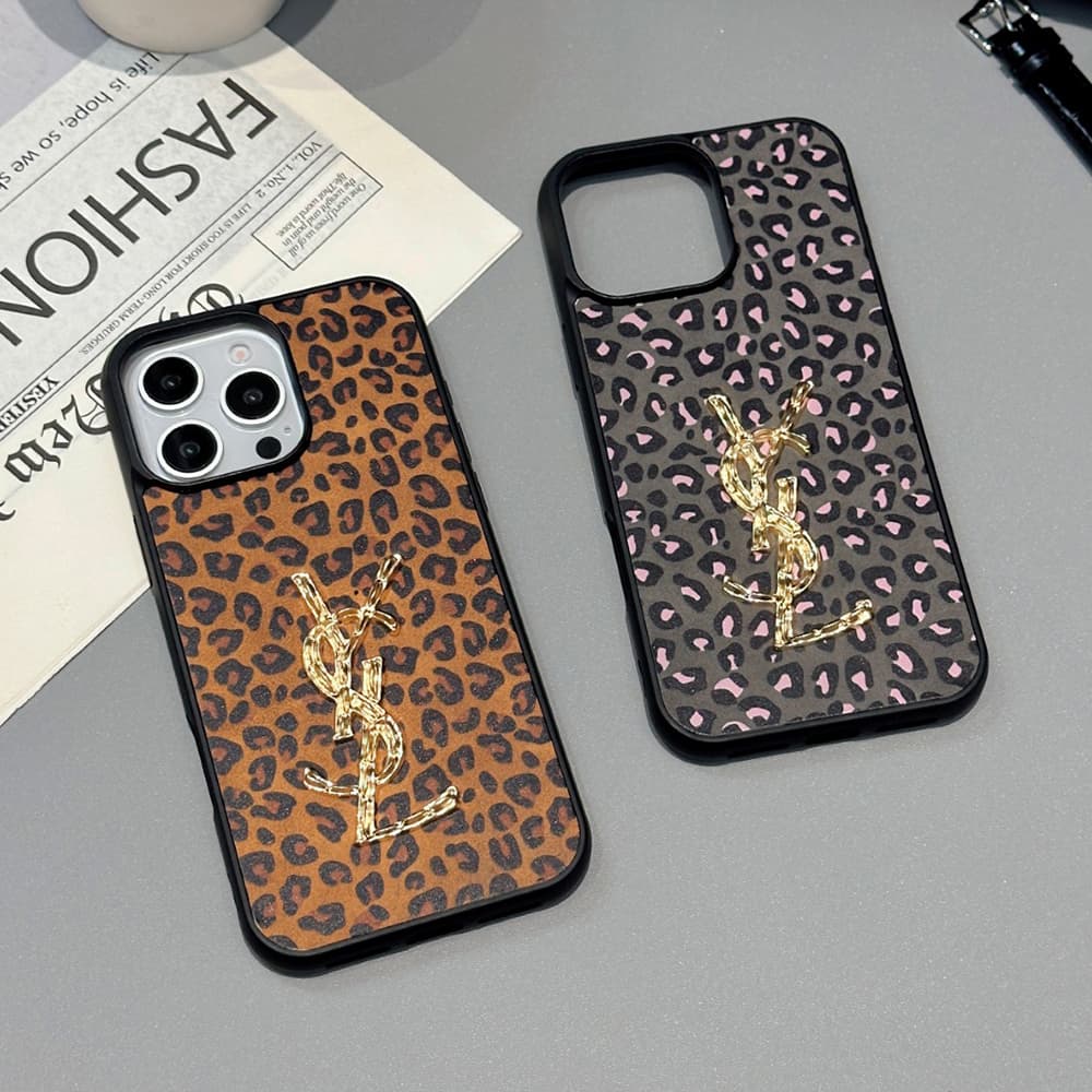 YSL Leopard Print iPhone Case with Gold Logo (2 Styles)
