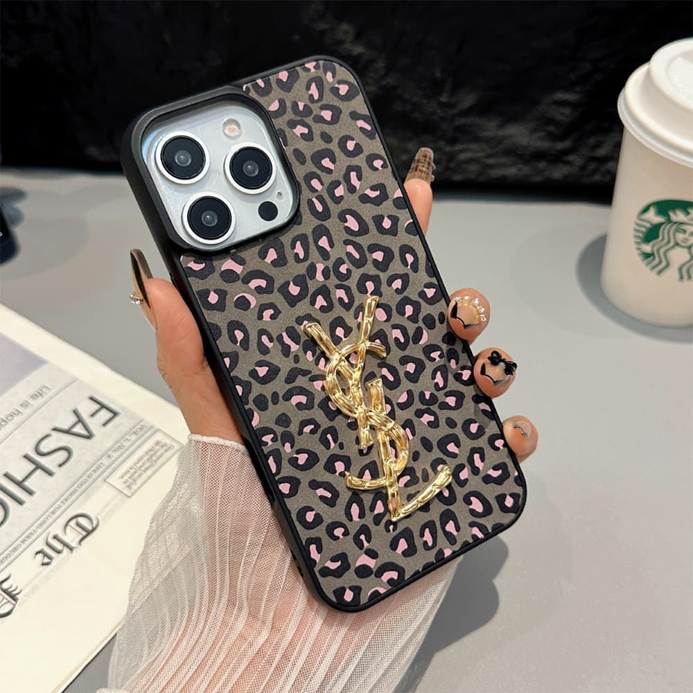 YSL Leopard Print iPhone Case with Gold Logo (2 Styles)
