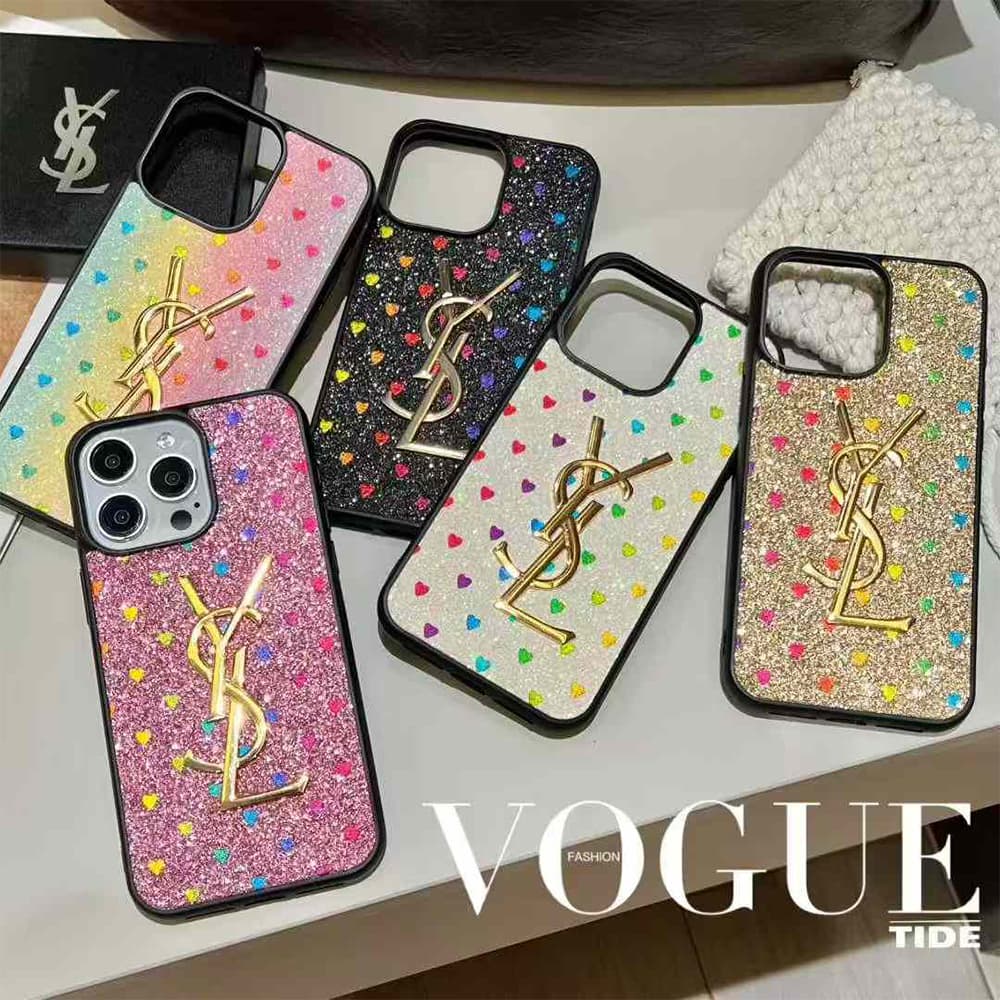 YSL Glitter & Hearts iPhone Case with Gold Logo (5 Styles)