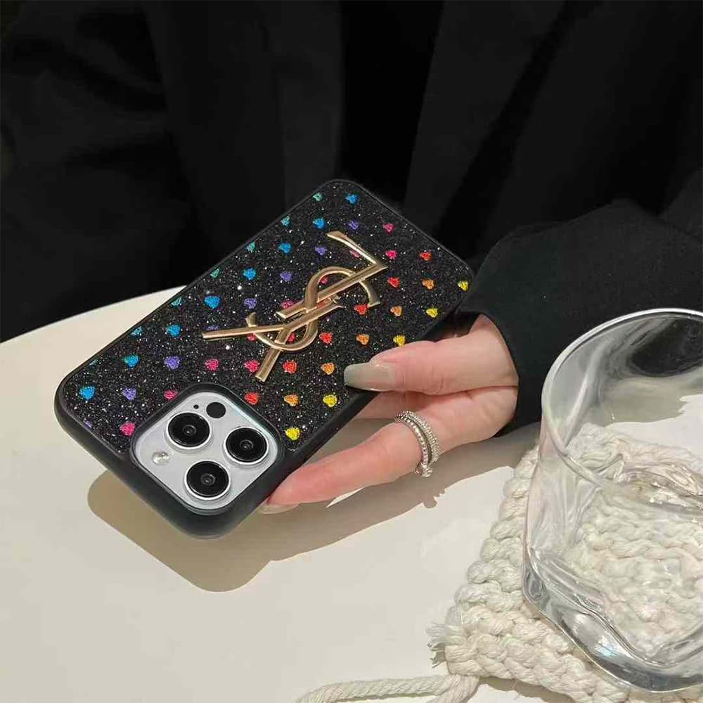 YSL Glitter & Hearts iPhone Case with Gold Logo (5 Styles)