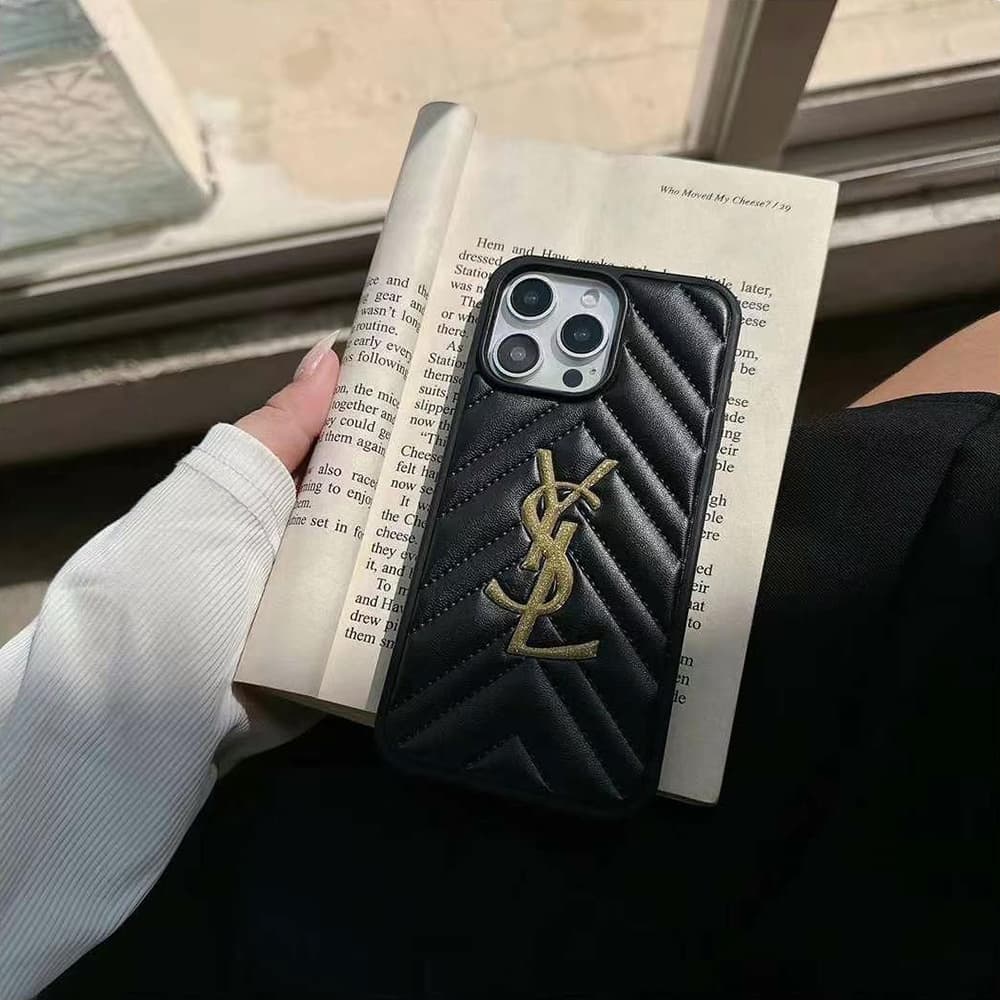 YSL Quilted Pattern iPhone Case with Gold Glitter Logo (Black/White)