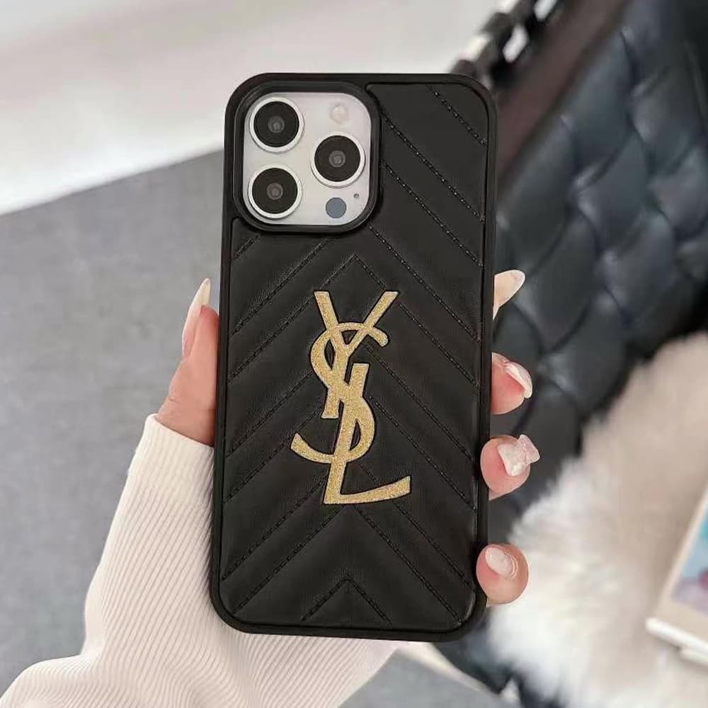 YSL Quilted Pattern iPhone Case with Gold Glitter Logo (Black/White)