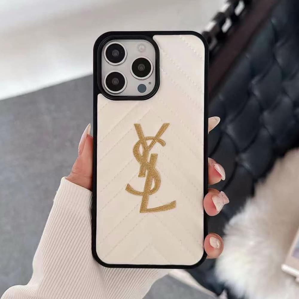 YSL Quilted Pattern iPhone Case with Gold Glitter Logo (Black/White)
