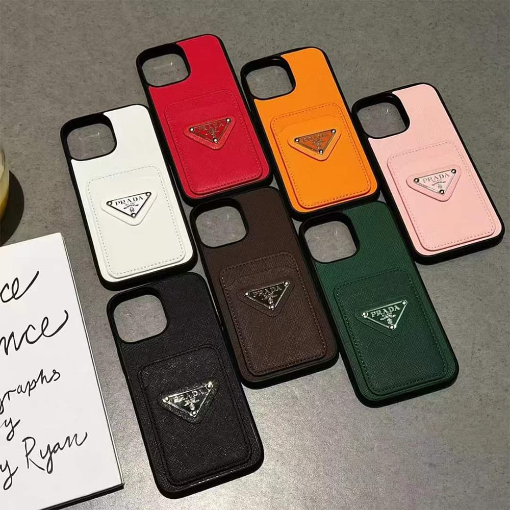 Prada Saffiano Texture & Triangle Logo iPhone Case with Card Slot (7 Colors)
