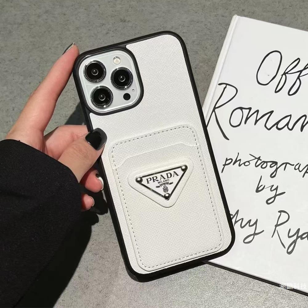 Prada Saffiano Texture & Triangle Logo iPhone Case with Card Slot (7 Colors)