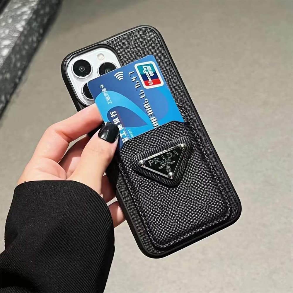 Prada Saffiano Texture & Triangle Logo iPhone Case with Card Slot (7 Colors)
