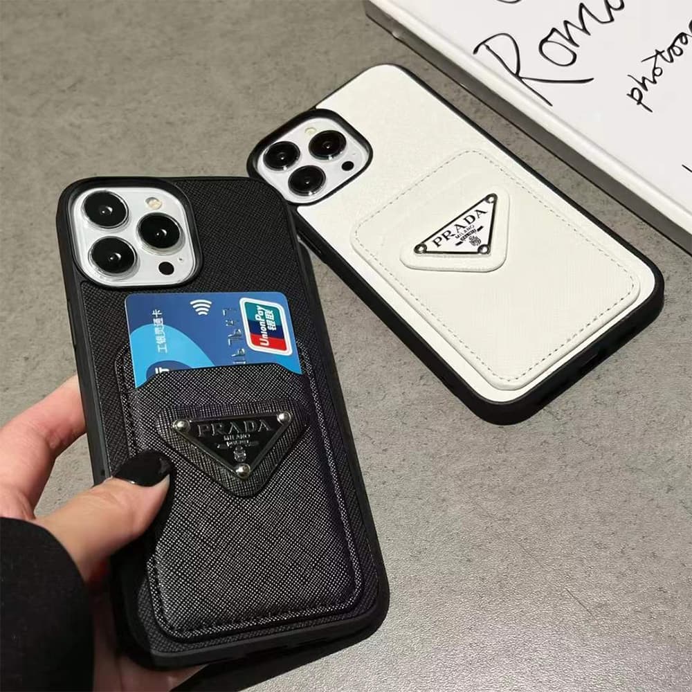 Prada Saffiano Texture & Triangle Logo iPhone Case with Card Slot (7 Colors)