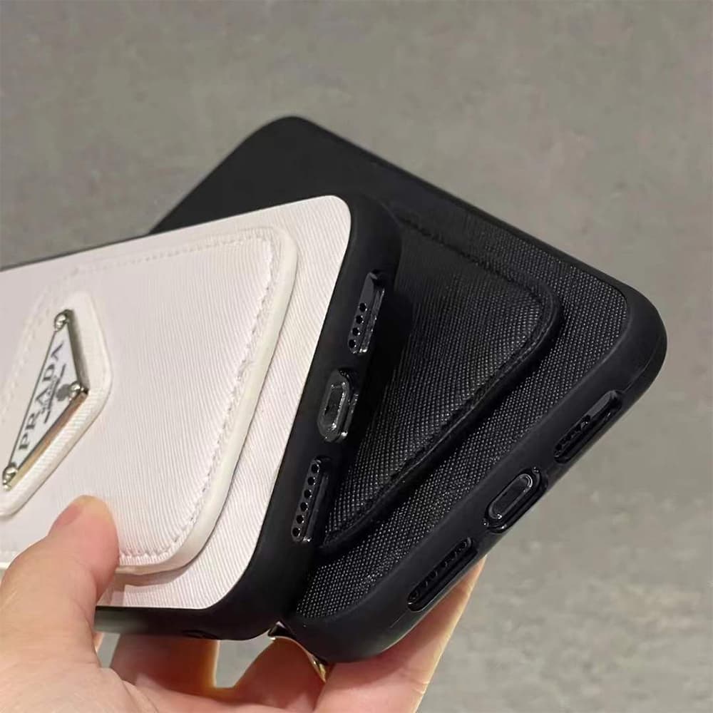 Prada Saffiano Texture & Triangle Logo iPhone Case with Card Slot (7 Colors)