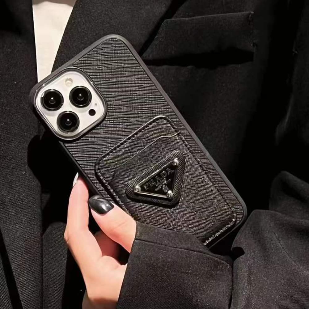 Prada Saffiano Texture & Triangle Logo iPhone Case with Card Slot (7 Colors)