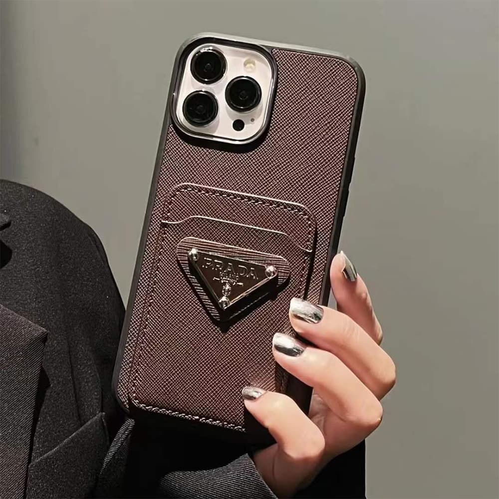 Prada Saffiano Texture & Triangle Logo iPhone Case with Card Slot (7 Colors)