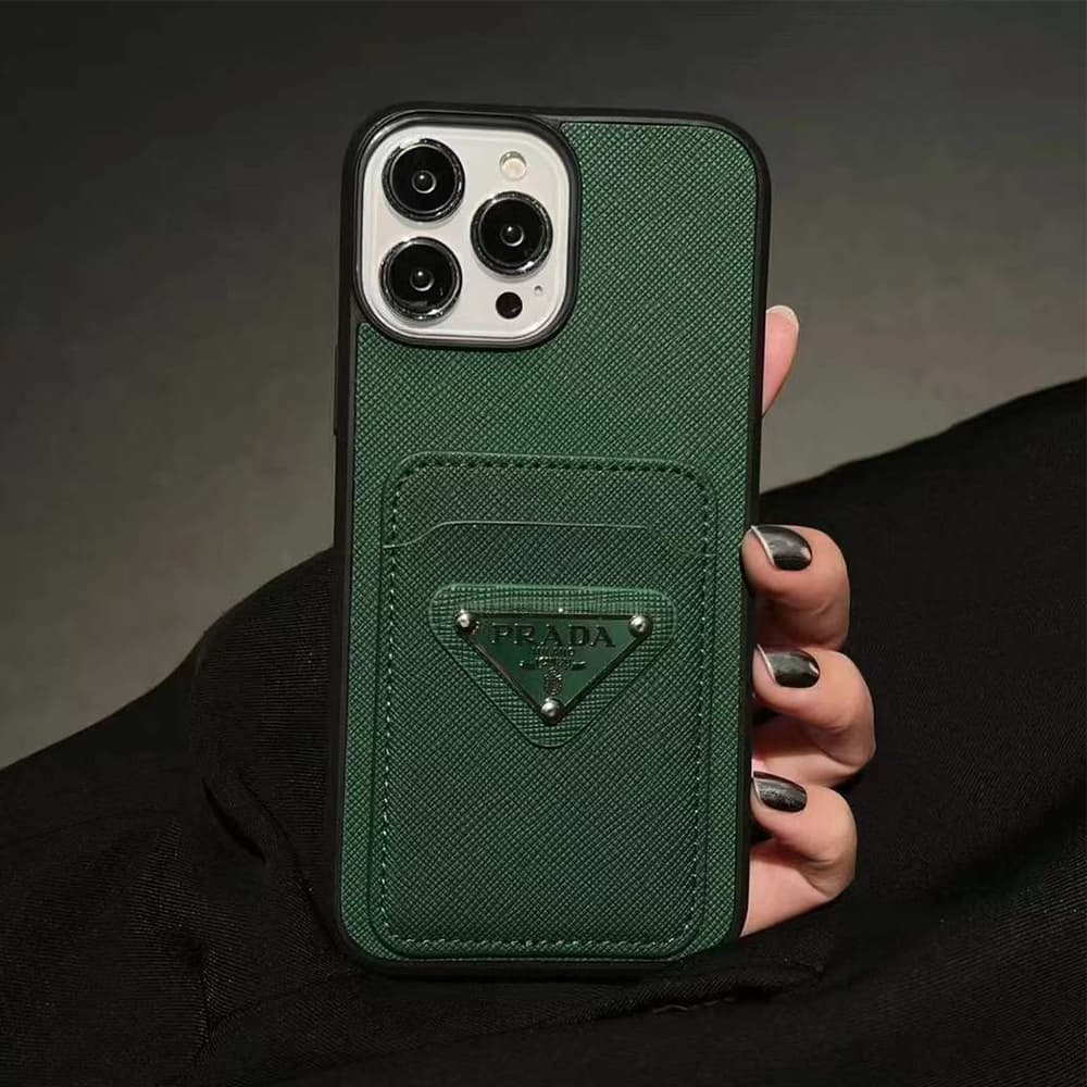 Prada Saffiano Texture & Triangle Logo iPhone Case with Card Slot (7 Colors)