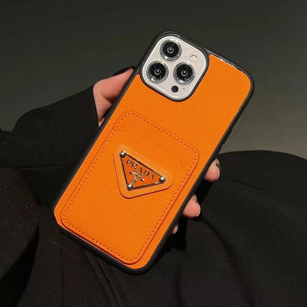 Prada Saffiano Texture & Triangle Logo iPhone Case with Card Slot (7 Colors)