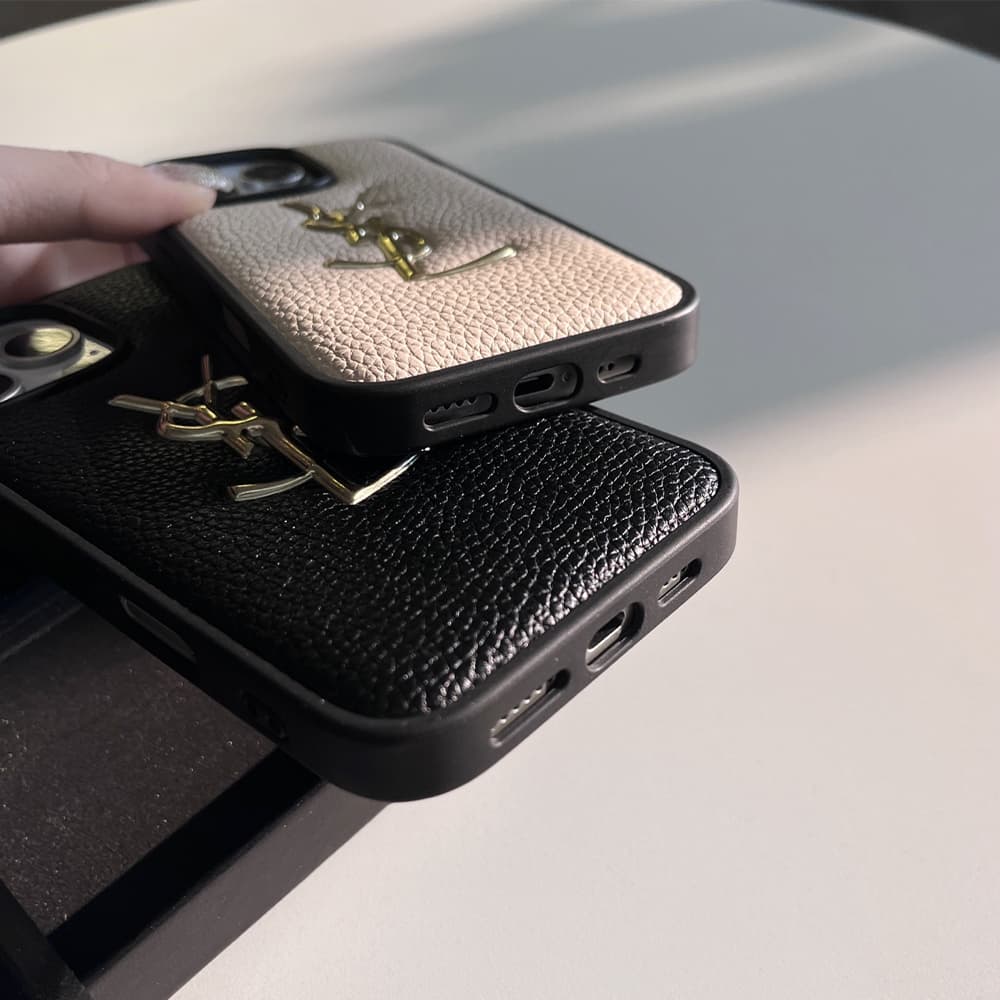 YSL Gold Logo & Leather Texture Embossed iPhone Case (3 Colors)