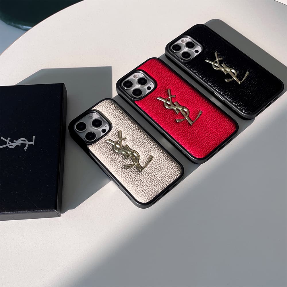 YSL Gold Logo & Leather Texture Embossed iPhone Case (3 Colors)
