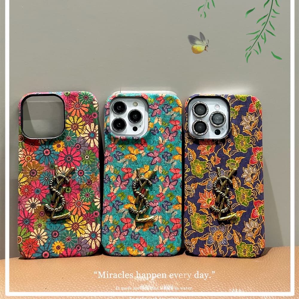 YSL Vintage Floral & Butterfly iPhone Case with Metal Logo