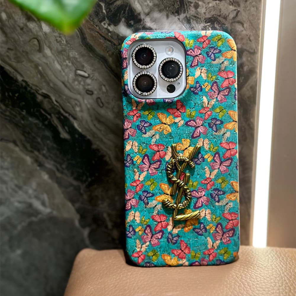 YSL Vintage Floral & Butterfly iPhone Case with Metal Logo