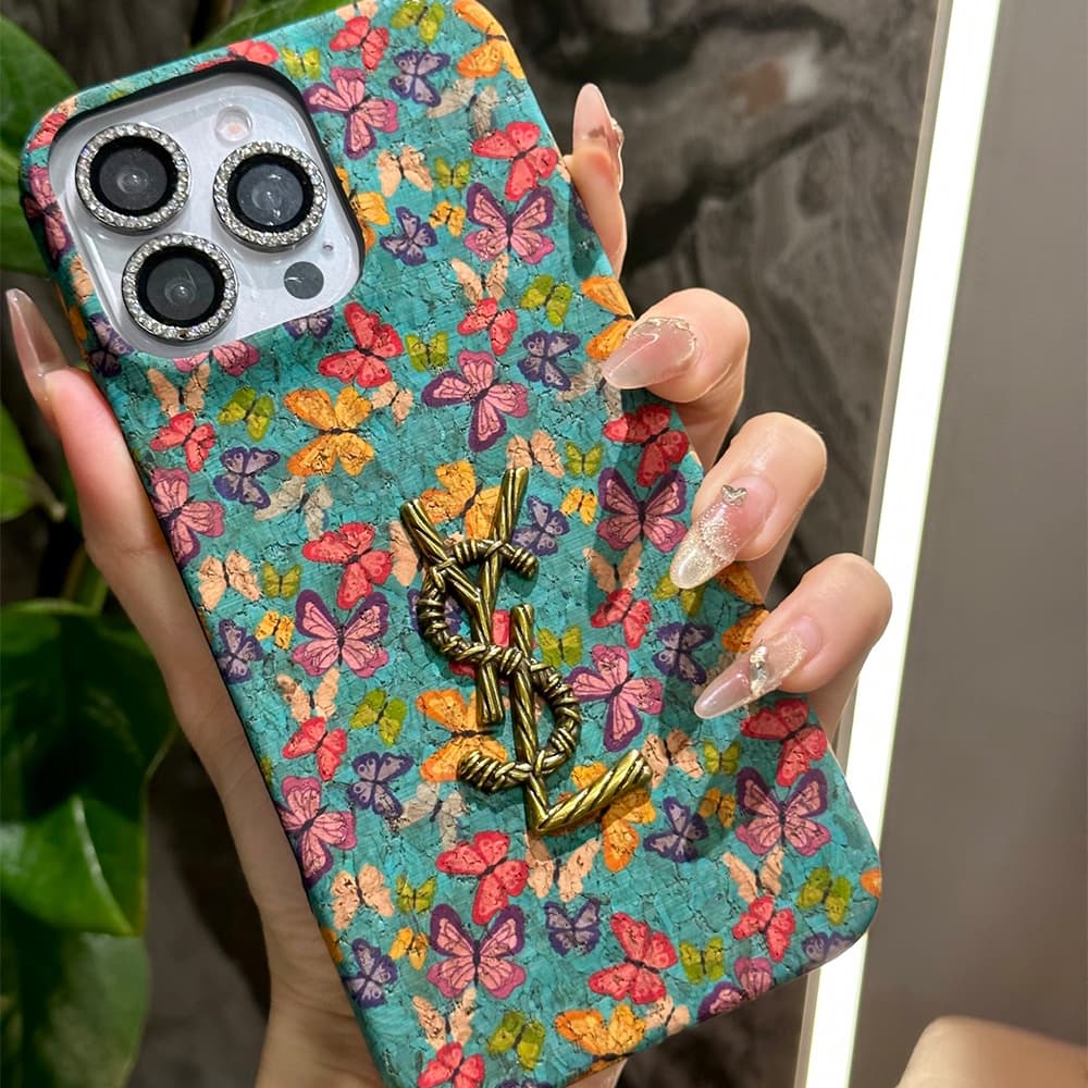 YSL Vintage Floral & Butterfly iPhone Case with Metal Logo