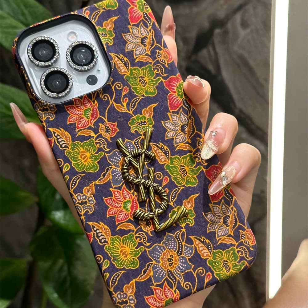 YSL Vintage Floral & Butterfly iPhone Case with Metal Logo