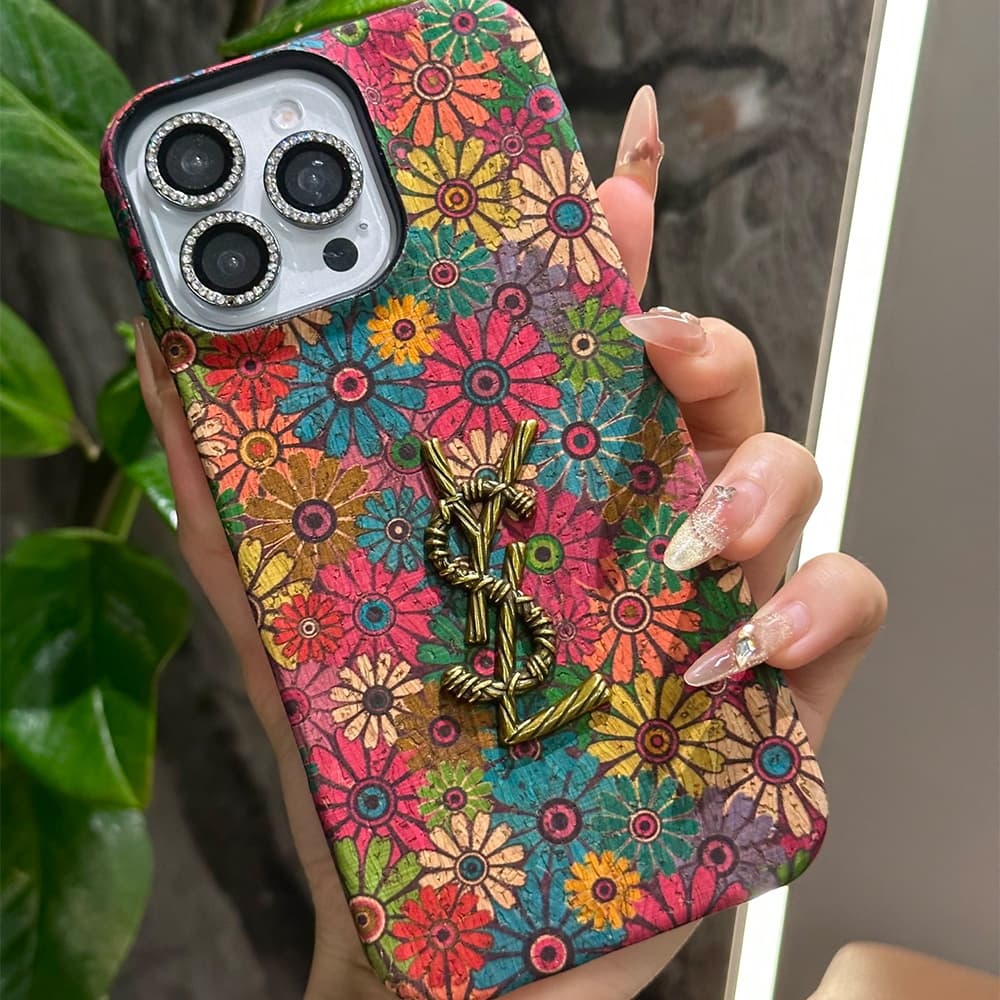 YSL Vintage Floral & Butterfly iPhone Case with Metal Logo
