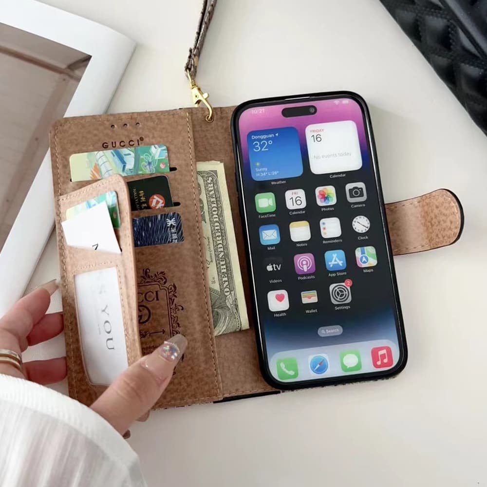 LV & Gucci Flip Leather iPhone Case with Short Strap