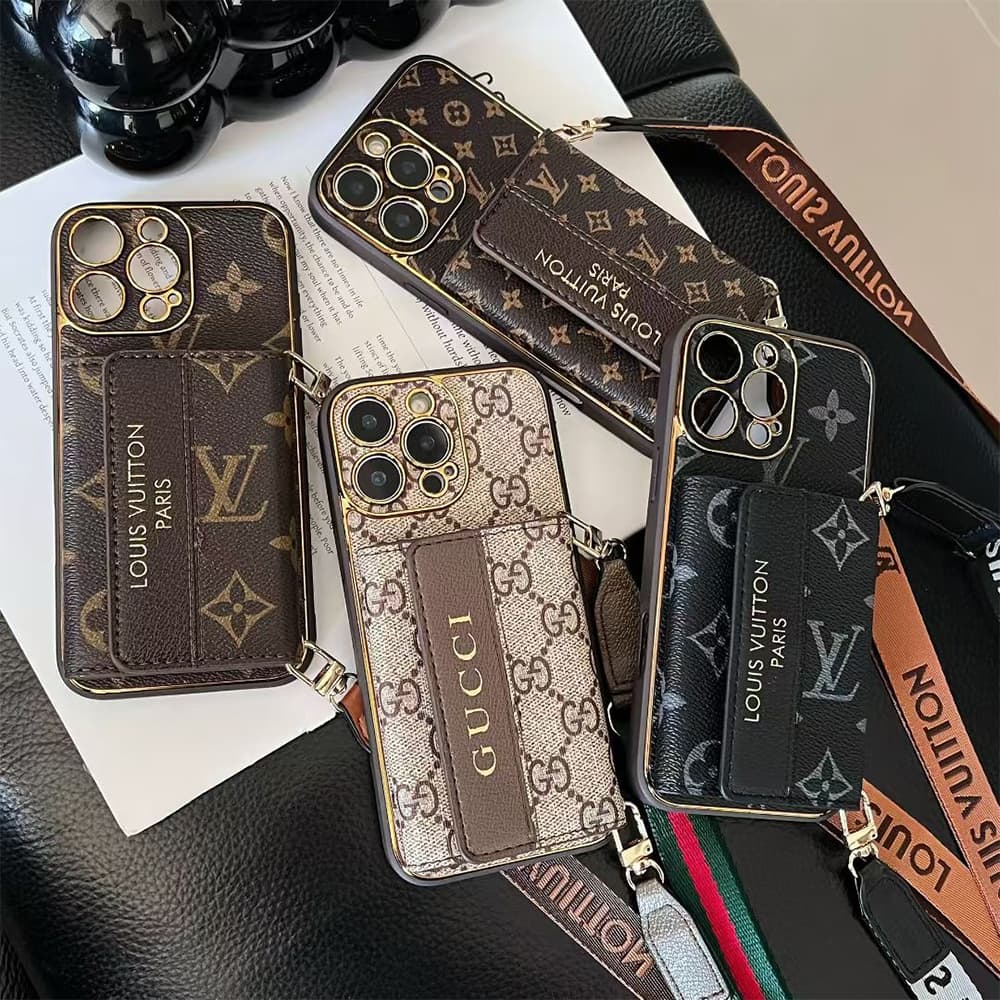 LV & Gucci Accordion Card Holder iPhone Case with Detachable Strap