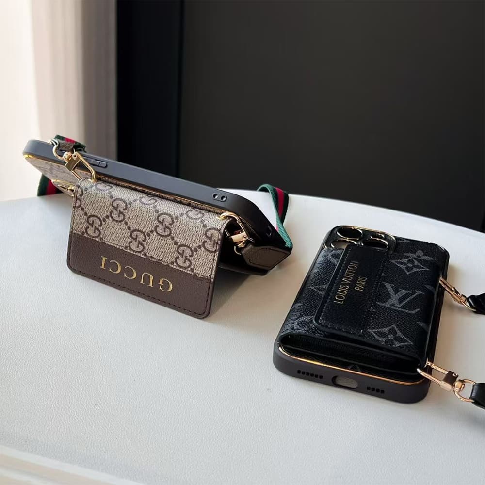LV & Gucci Accordion Card Holder iPhone Case with Detachable Strap