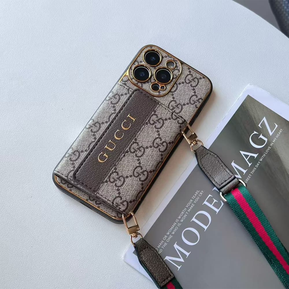 LV & Gucci Accordion Card Holder iPhone Case with Detachable Strap