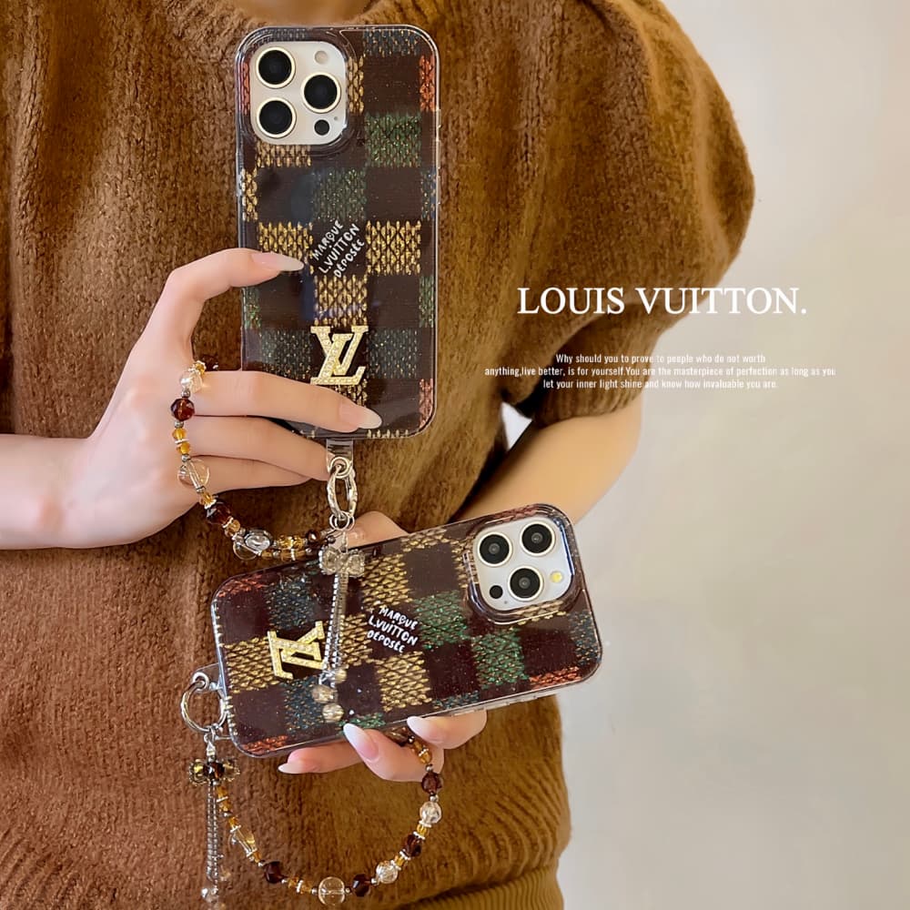 Louis Vuitton Crystal LV Logo & Beaded Chain, Colorful Checker Design iPhone Case