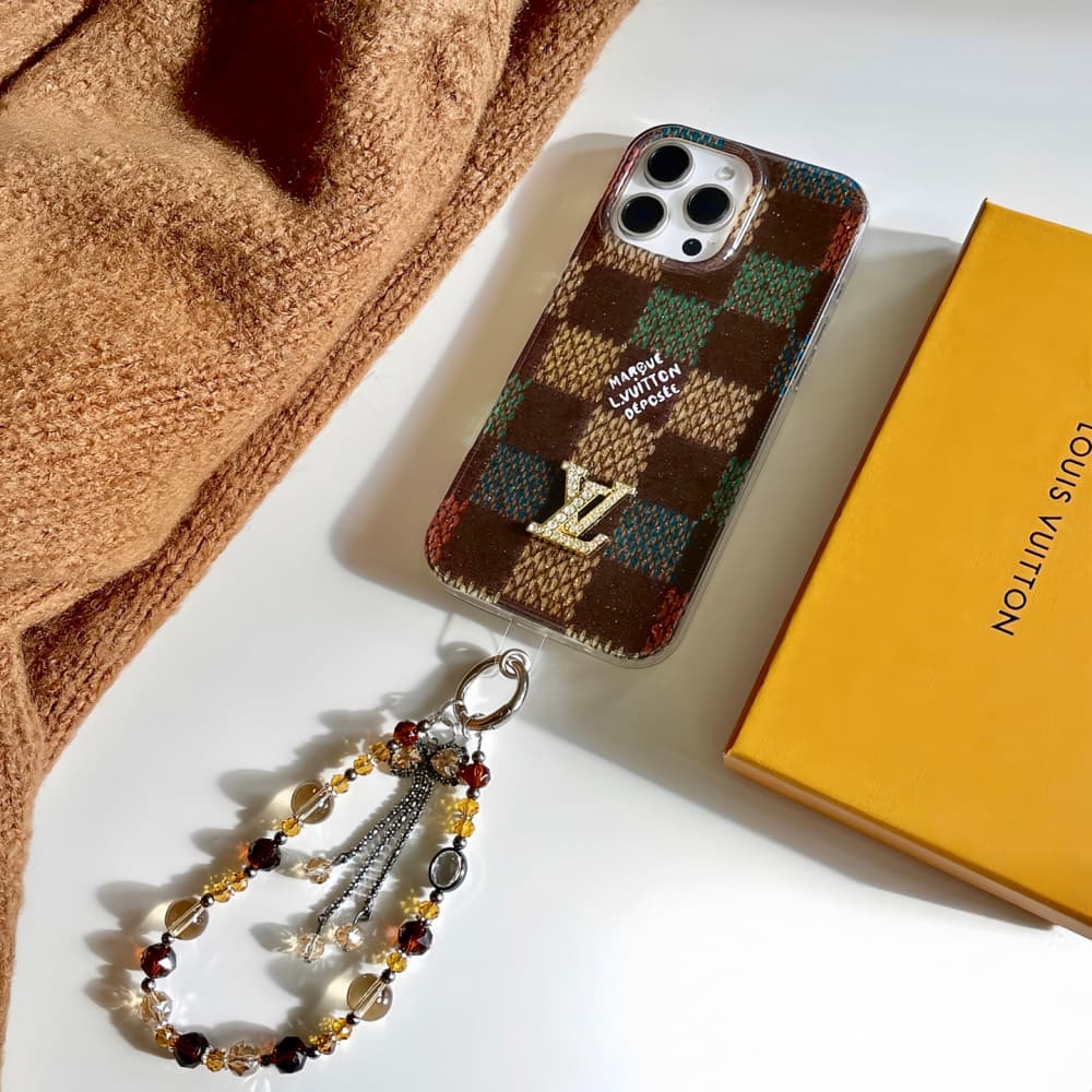 Louis Vuitton Crystal LV Logo & Beaded Chain, Colorful Checker Design iPhone Case