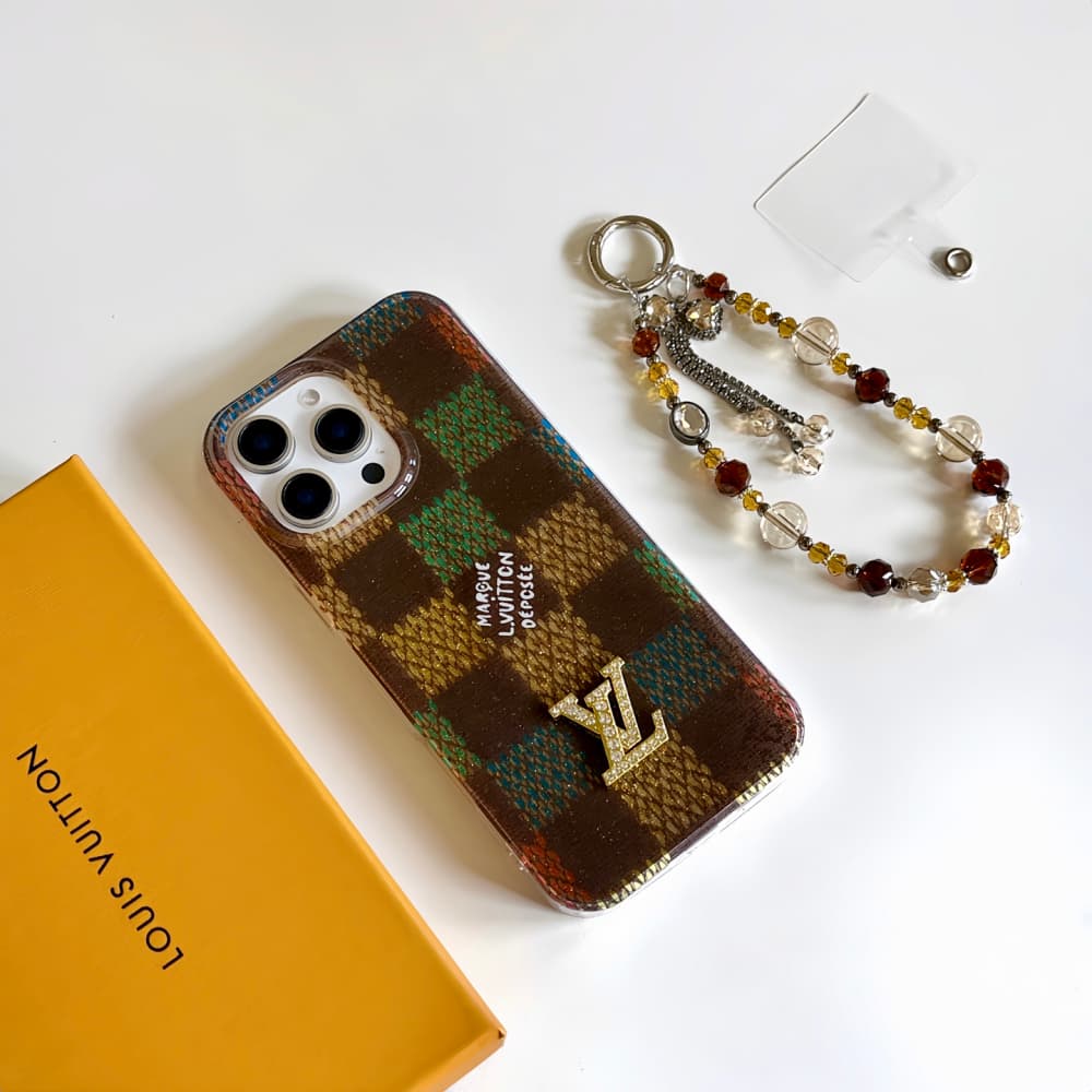 Louis Vuitton Crystal LV Logo & Beaded Chain, Colorful Checker Design iPhone Case