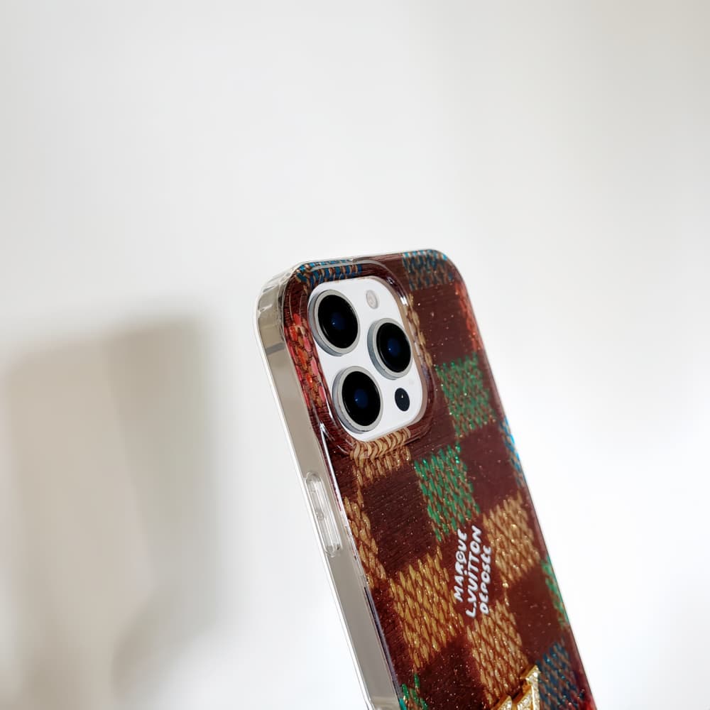 Louis Vuitton Crystal LV Logo & Beaded Chain, Colorful Checker Design iPhone Case