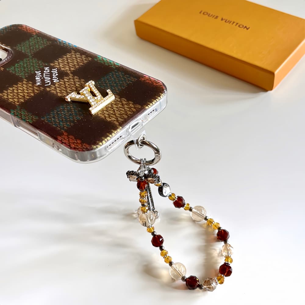Louis Vuitton Crystal LV Logo & Beaded Chain, Colorful Checker Design iPhone Case