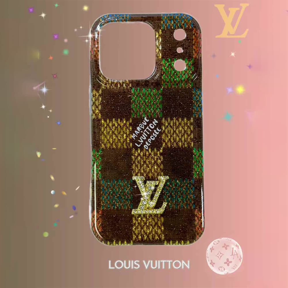 Louis Vuitton Crystal LV Logo & Beaded Chain, Colorful Checker Design iPhone Case