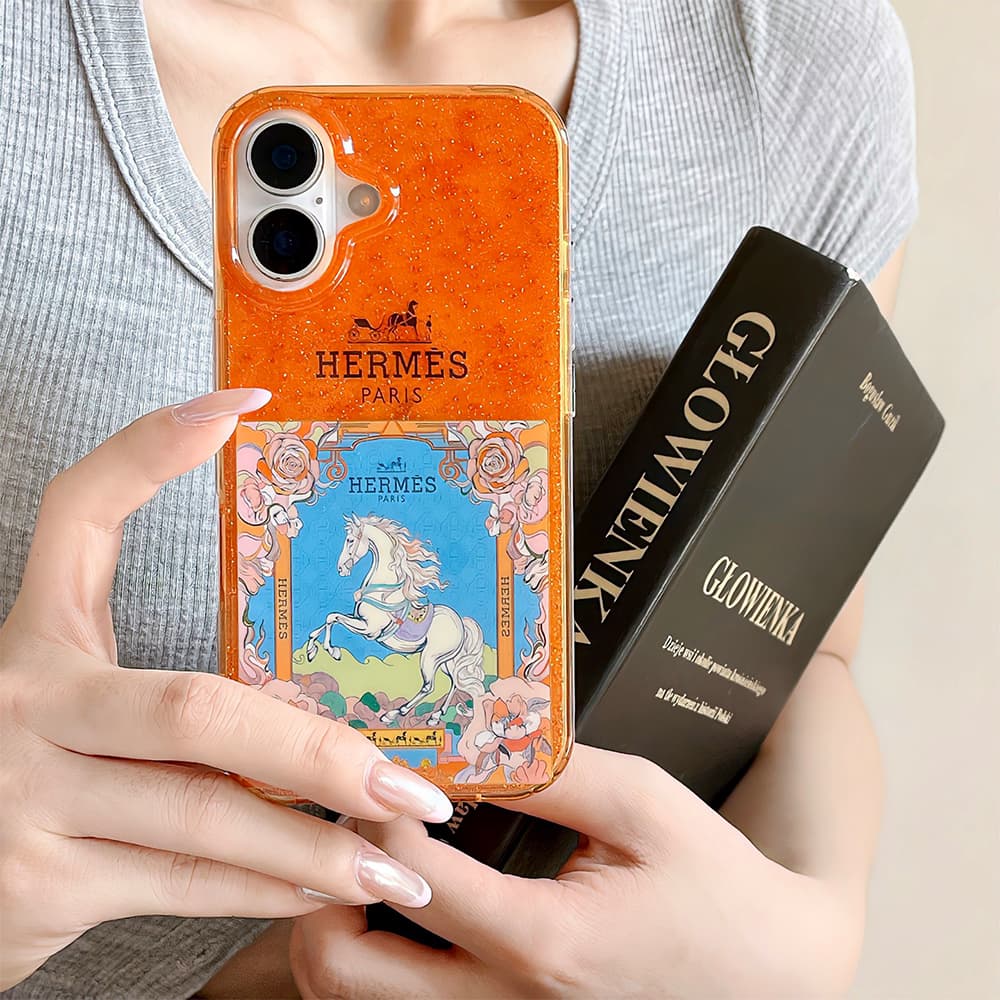 Hermès Orange Glitter with Horse & Floral Design iPhone Case - HERMÈS PARIS Branded