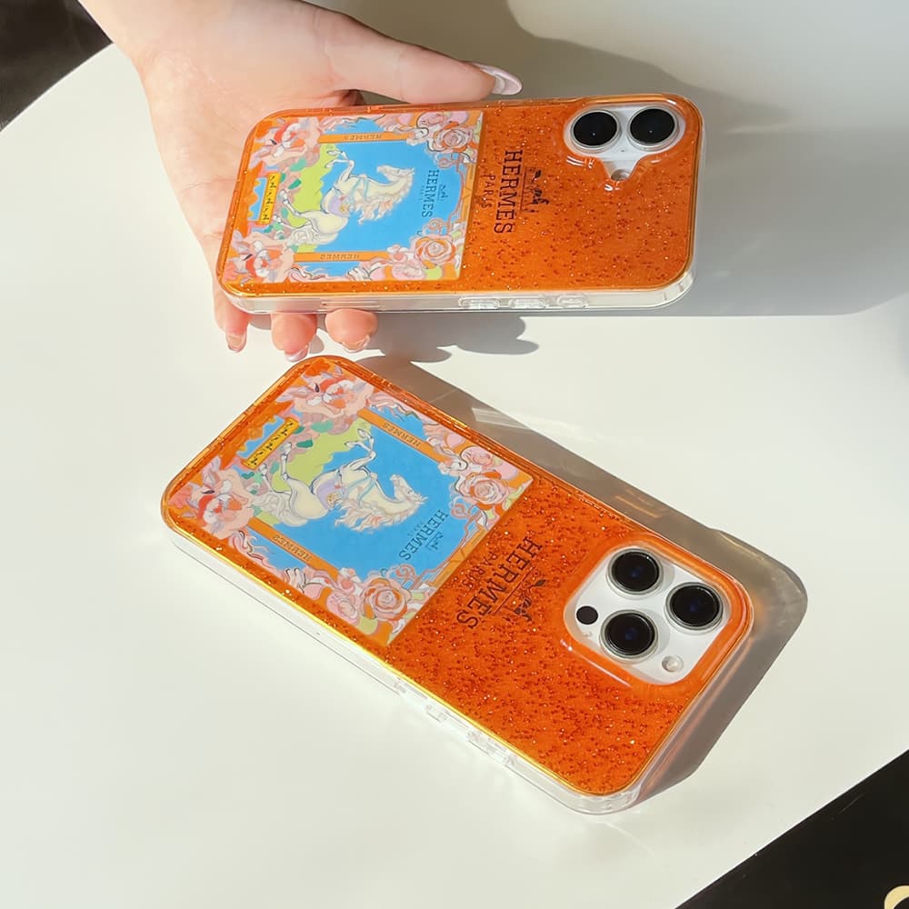 Hermès Orange Glitter with Horse & Floral Design iPhone Case - HERMÈS PARIS Branded