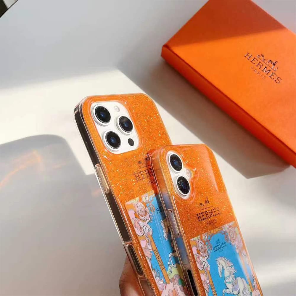 Hermès Orange Glitter with Horse & Floral Design iPhone Case - HERMÈS PARIS Branded