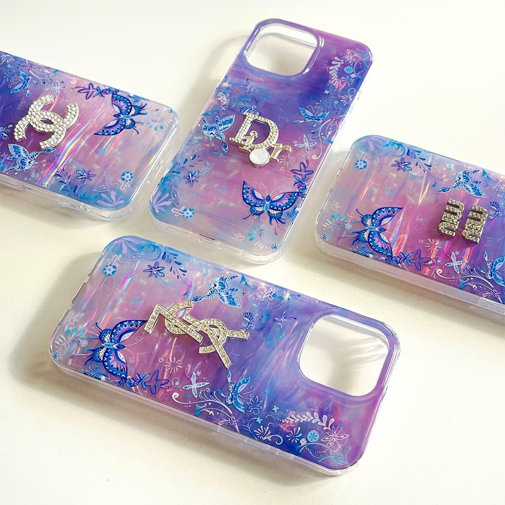 Multi-Designer Iridescent Butterfly Design iPhone Case - Crystal YSL Dior Chanel Miu Miu Logos