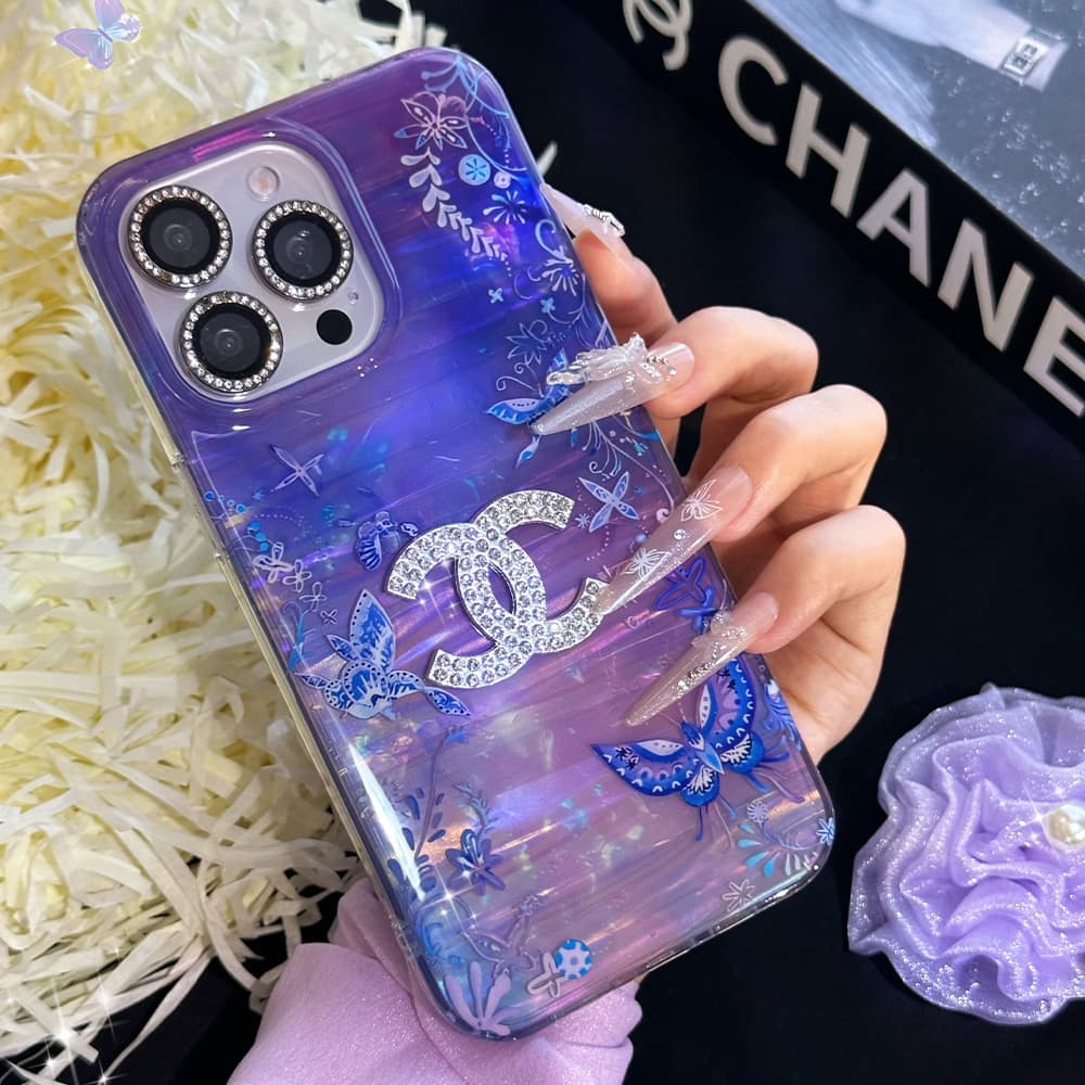 Multi-Designer Iridescent Butterfly Design iPhone Case - Crystal YSL Dior Chanel Miu Miu Logos