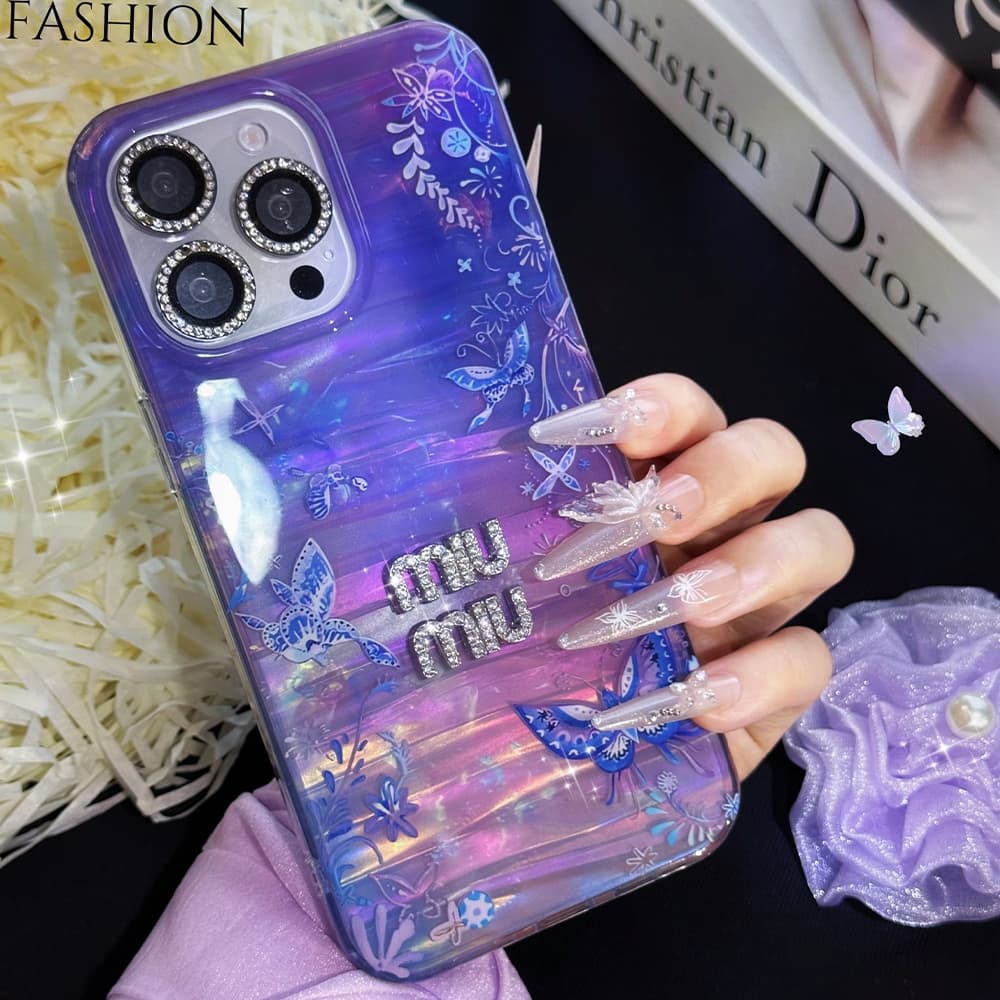 Multi-Designer Iridescent Butterfly Design iPhone Case - Crystal YSL Dior Chanel Miu Miu Logos