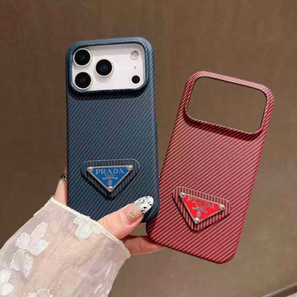 Prada Carbon Fiber Texture iPhone Case with Metal Triangle Logo