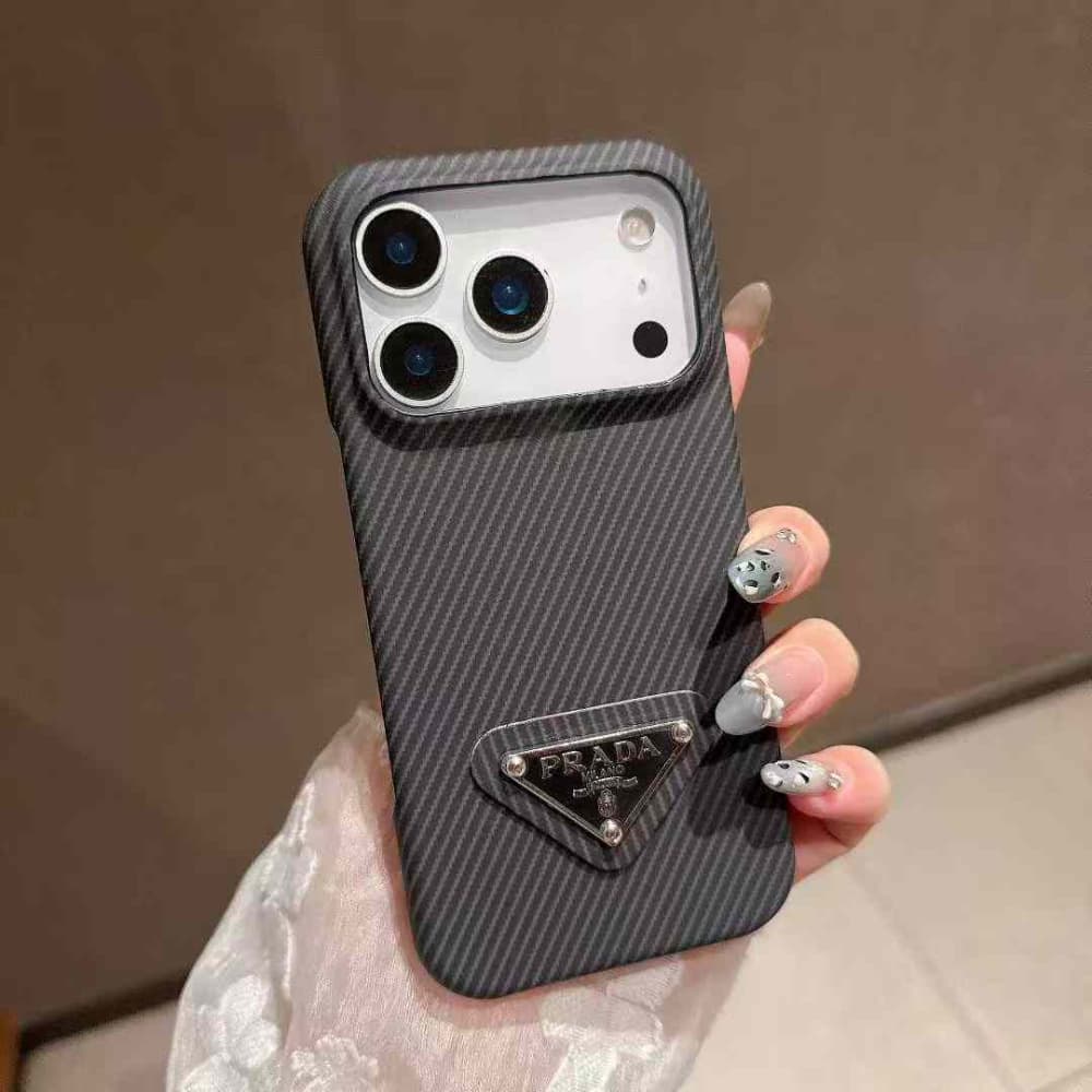 Prada Carbon Fiber Texture iPhone Case with Metal Triangle Logo