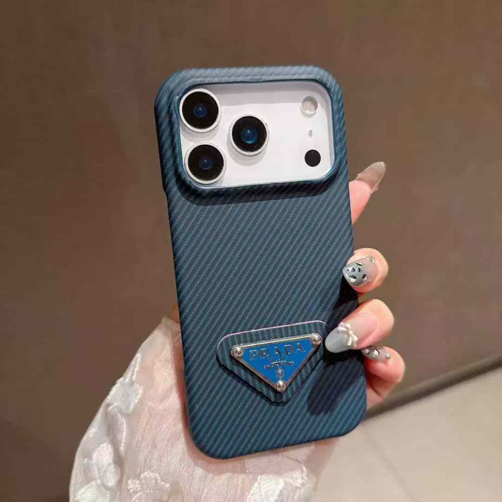 Prada Carbon Fiber Texture iPhone Case with Metal Triangle Logo