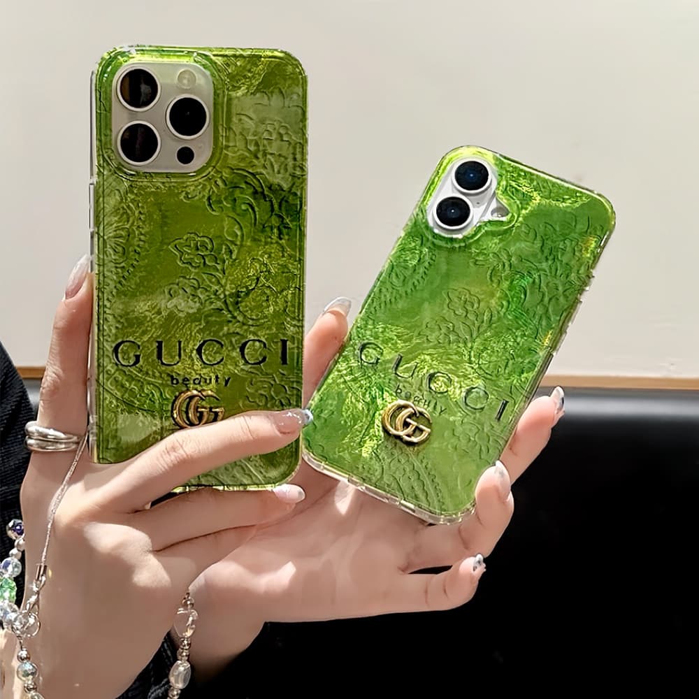 Gucci Iridescent Green iPhone Case with Gold GG Logo & GUCCI Beauty Text