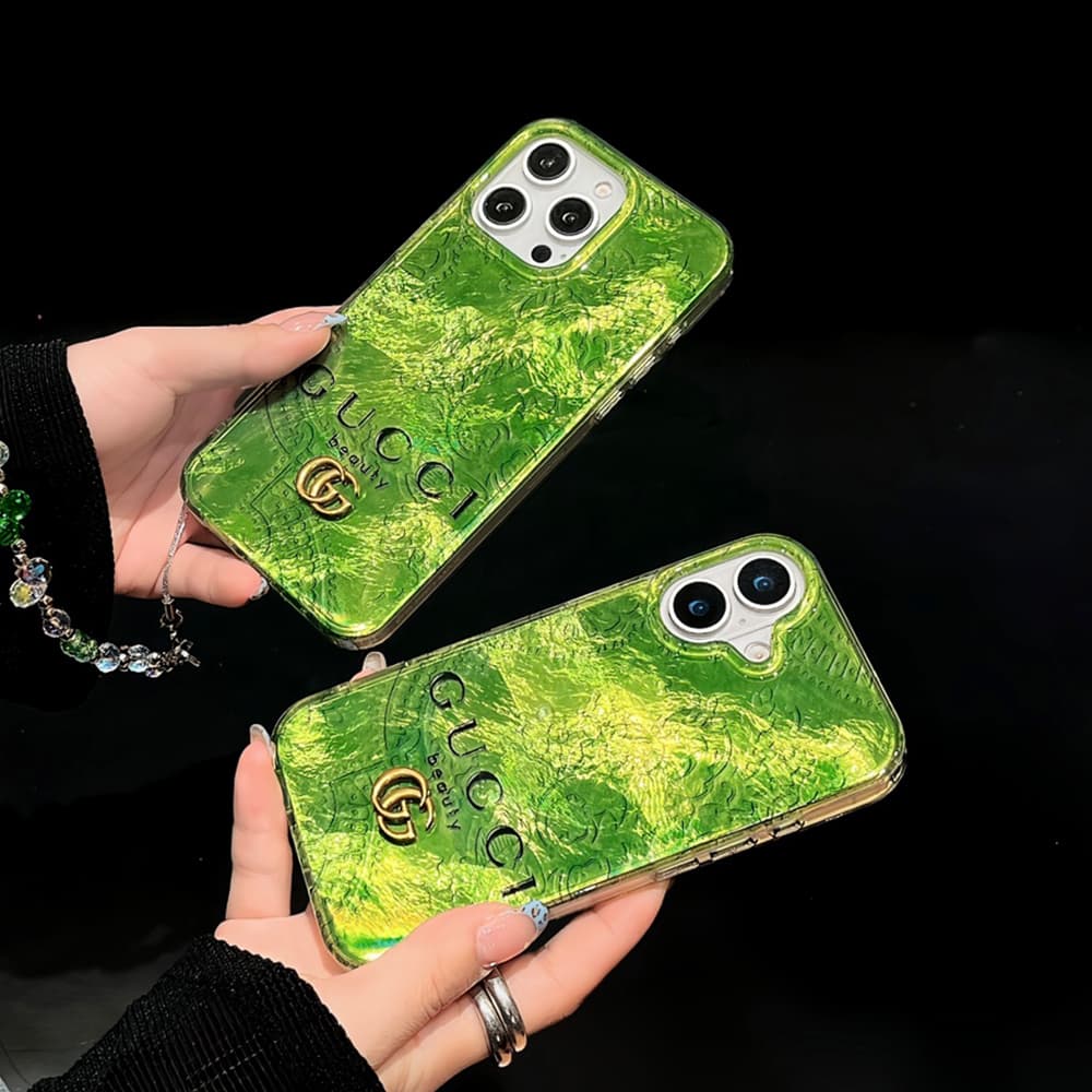Gucci Iridescent Green iPhone Case with Gold GG Logo & GUCCI Beauty Text