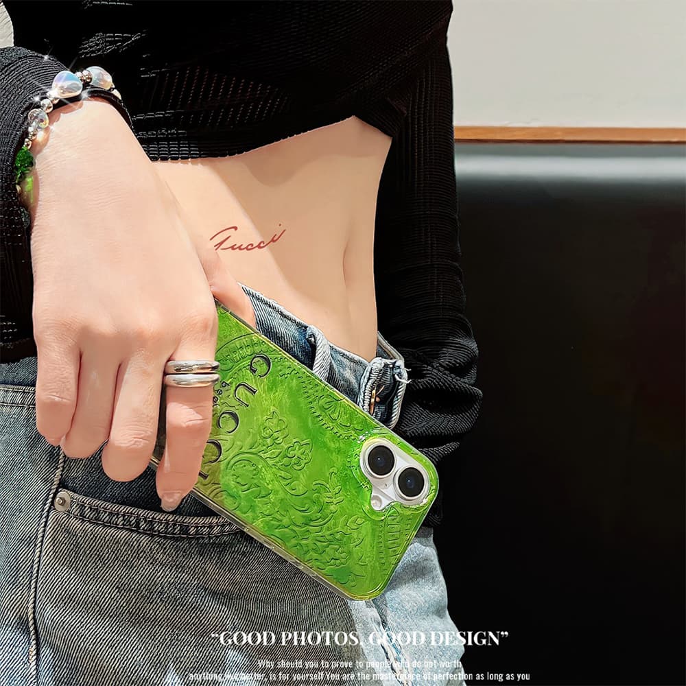 Gucci Iridescent Green iPhone Case with Gold GG Logo & GUCCI Beauty Text