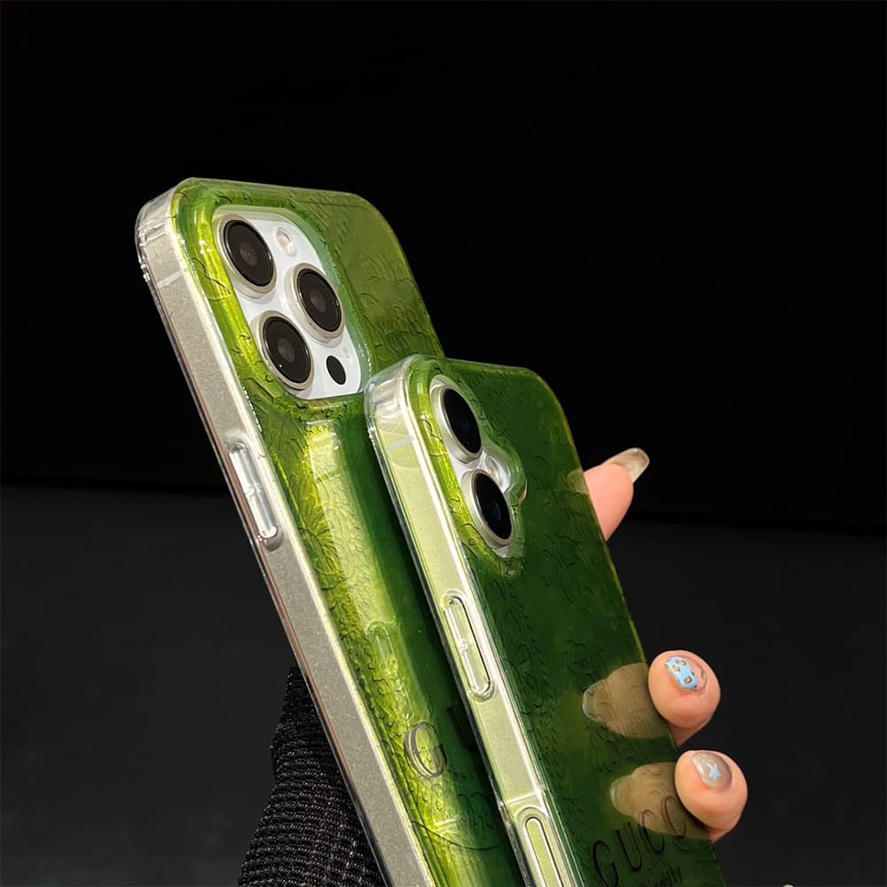 Gucci Iridescent Green iPhone Case with Gold GG Logo & GUCCI Beauty Text