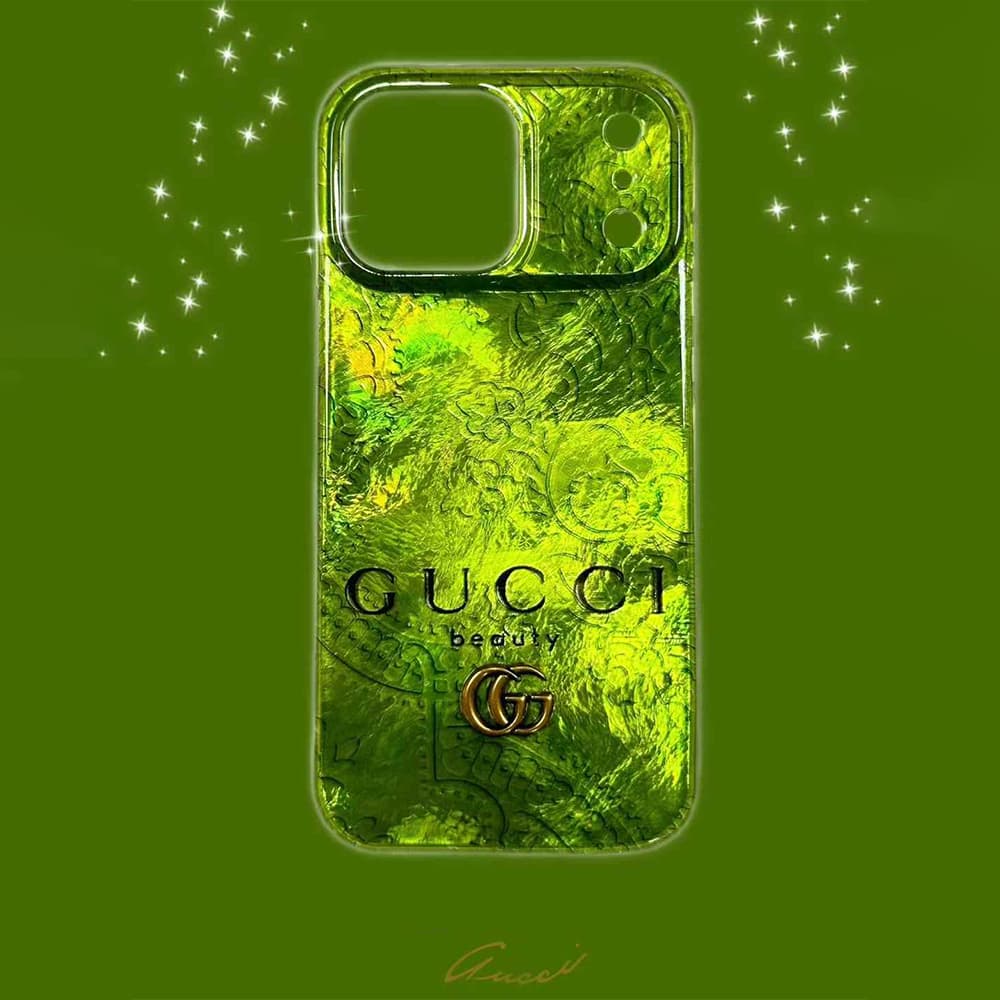 Gucci Iridescent Green iPhone Case with Gold GG Logo & GUCCI Beauty Text