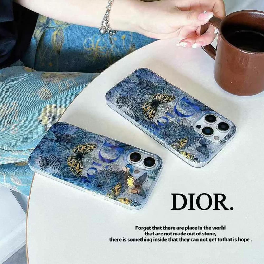 Dior Blue & White Floral Butterfly Art Design iPhone Case